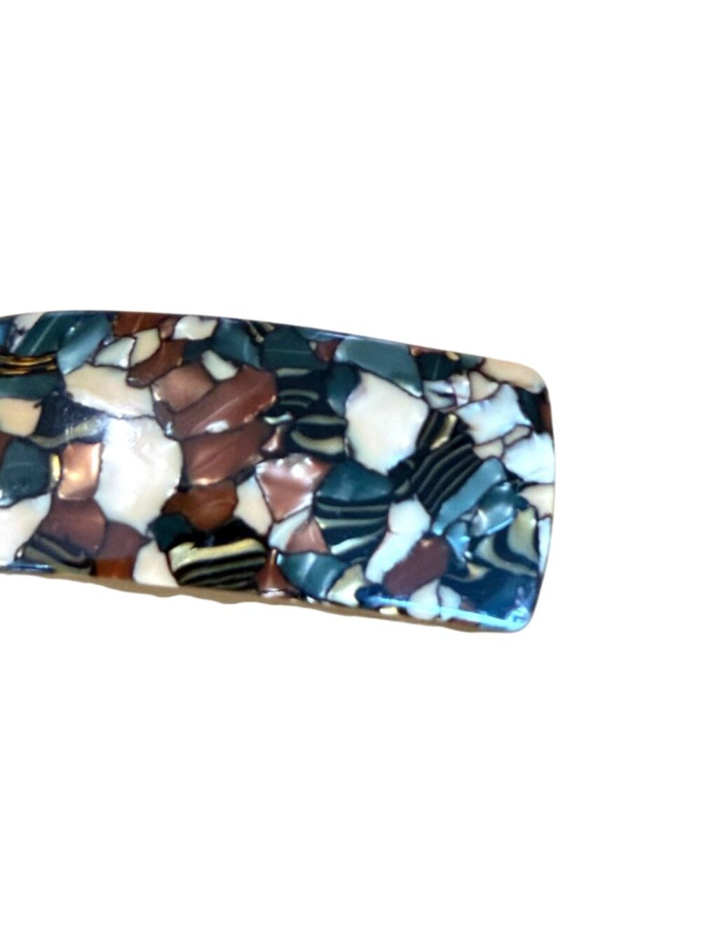 Mosaic Hair Clip Barrette VTG Brown Cream Blue Curved Made in France Plastic - Picture 3 of 6